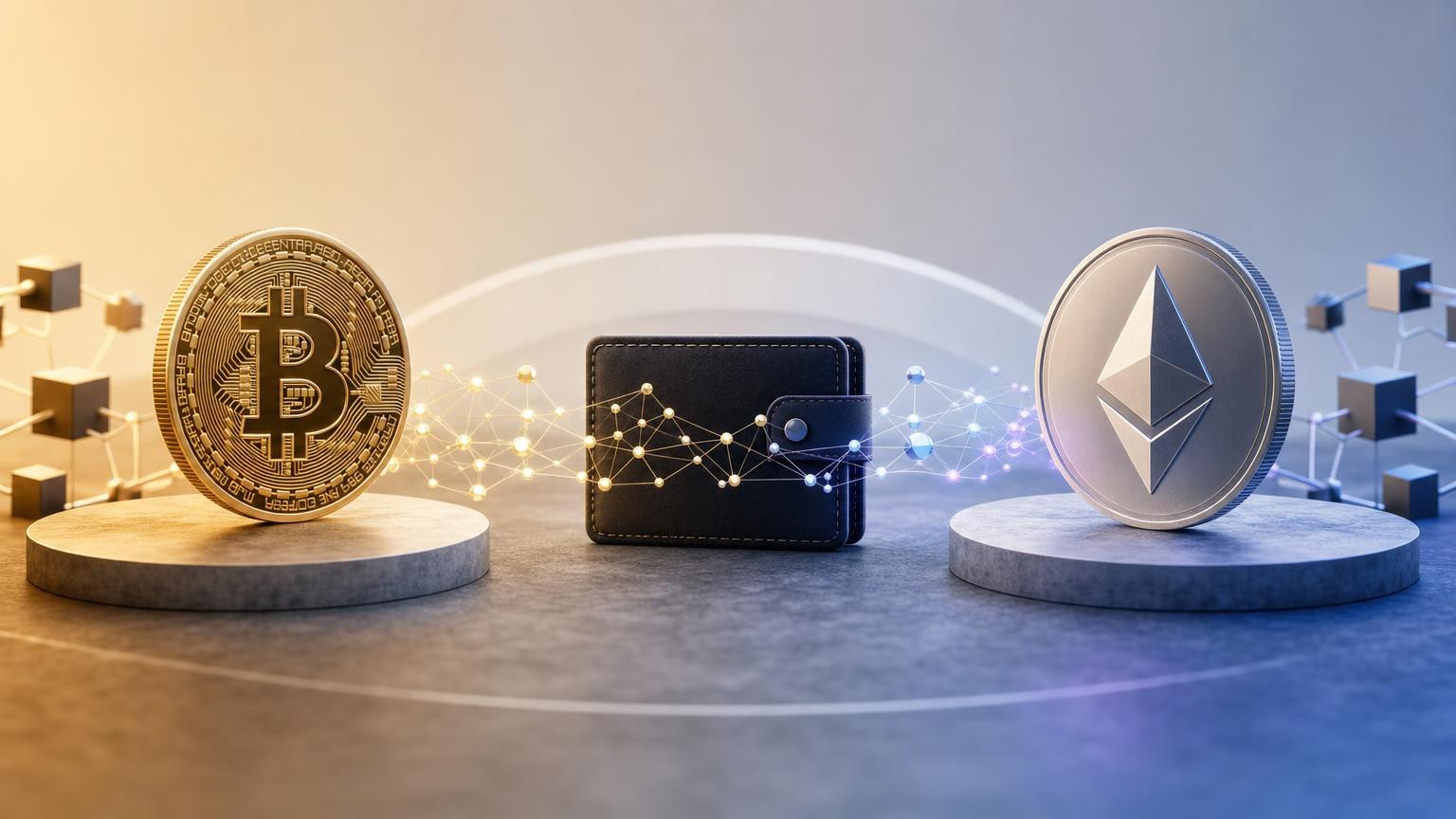 Bitcoin and Ether symbols beside a fee comparison matrix showing the network checks required before exchanging BTC for ETH
